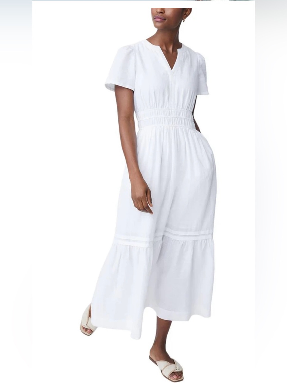 White Short-Sleeve Smocked-Waist Midi Dress - Casual